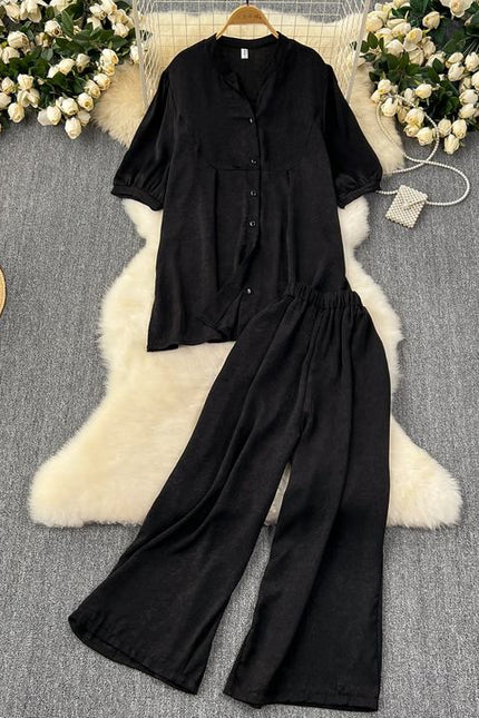 Women Loose Versatile Short-Sleeved Shirt Wide-Legged Pants Casual Two Piece Set