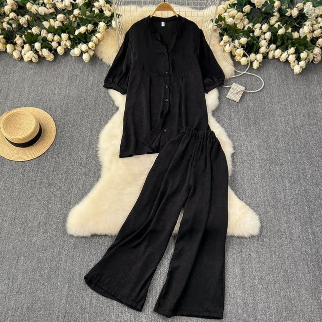 Women Loose Versatile Short-Sleeved Shirt Wide-Legged Pants Casual Two Piece Set