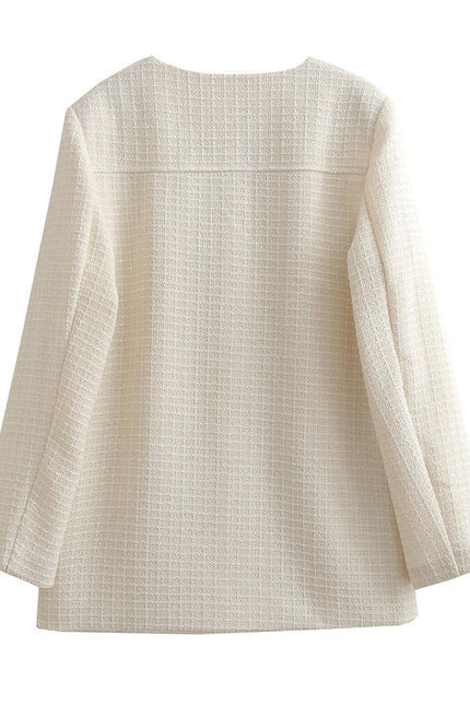 2023 Design Beige Color Crew Neck Single Breasted Front Pockets Long Sleeve Casual Tweed Jacket for Women