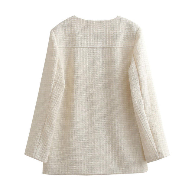2023 Design Beige Color Crew Neck Single Breasted Front Pockets Long Sleeve Casual Tweed Jacket for Women