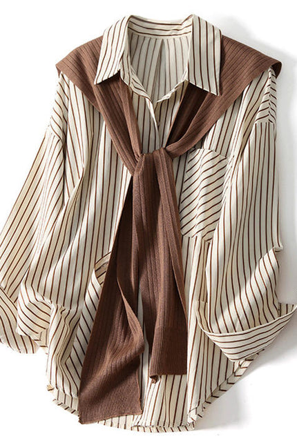 Shawl Stripe Shirt Women's Two-piece Topfashionable Autumn Lapel Long Sleeve Loose Shirts