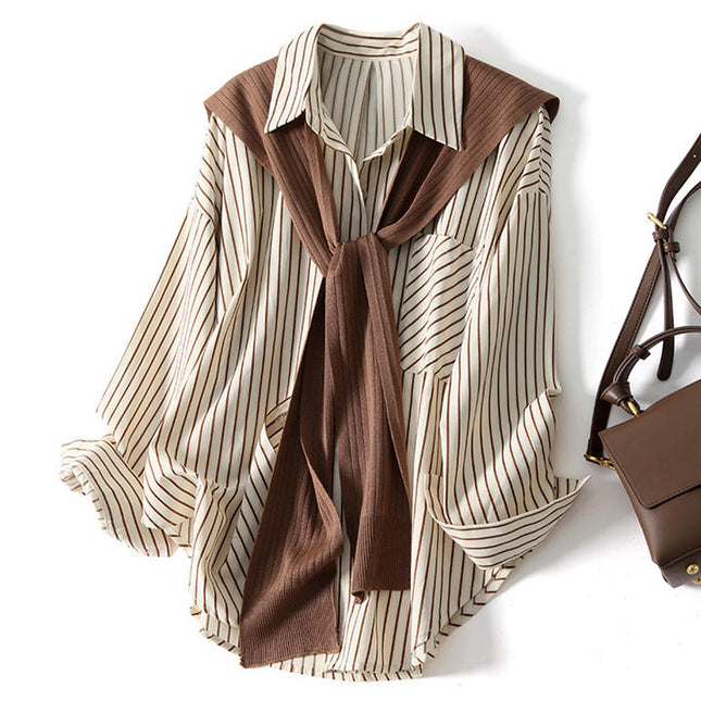 Shawl Stripe Shirt Women's Two-piece Topfashionable Autumn Lapel Long Sleeve Loose Shirts