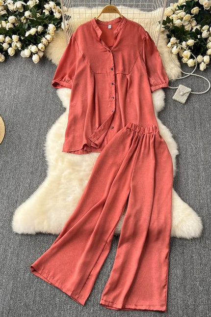 Women Loose Versatile Short-Sleeved Shirt Wide-Legged Pants Casual Two Piece Set