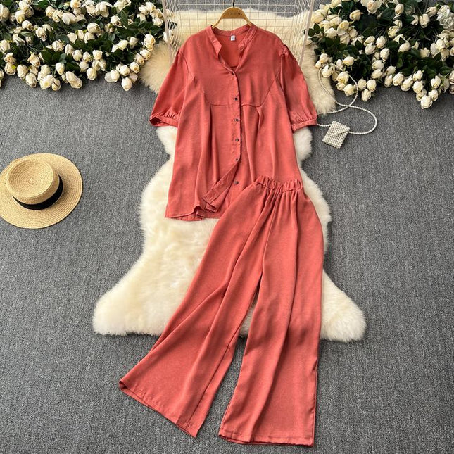 Women Loose Versatile Short-Sleeved Shirt Wide-Legged Pants Casual Two Piece Set