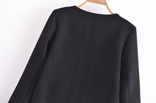 Black Color Crew Neck Cute Design Tweed Jacket Women Fashion Short Trench Coat With Pockets