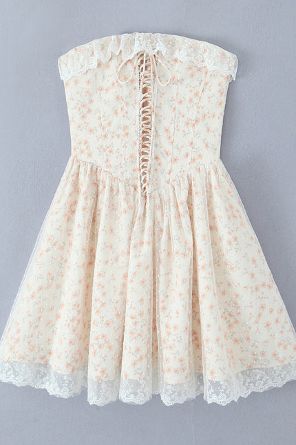 Strapless Floral Print Front Lace up Hot Sale Casual Fashion Summer Mini Dress for Women