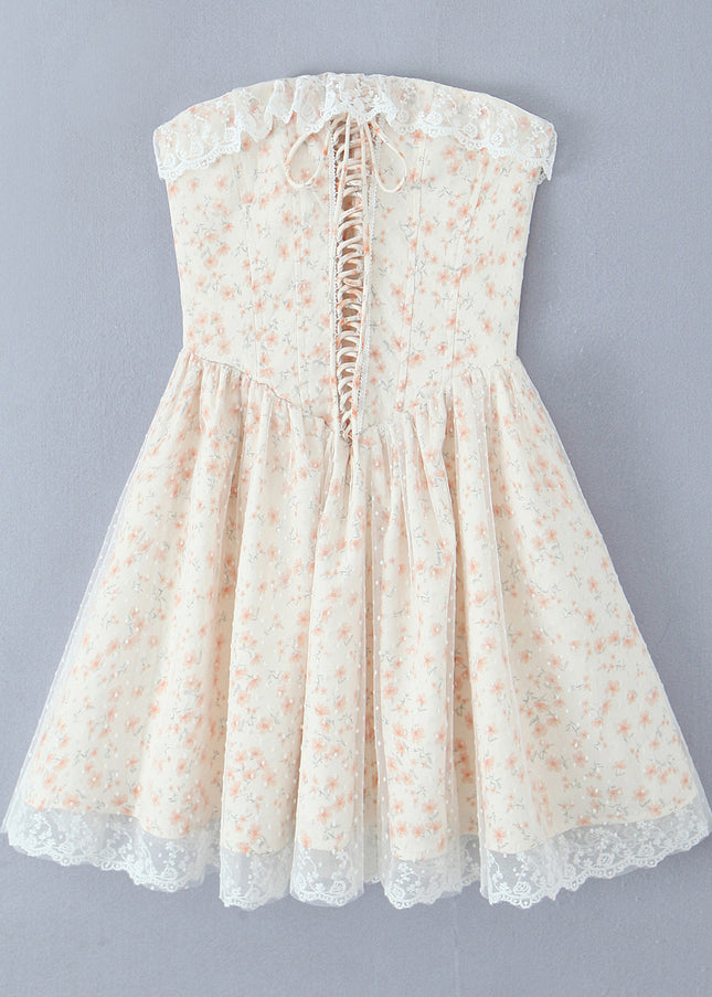 Strapless Floral Print Front Lace up Hot Sale Casual Fashion Summer Mini Dress for Women