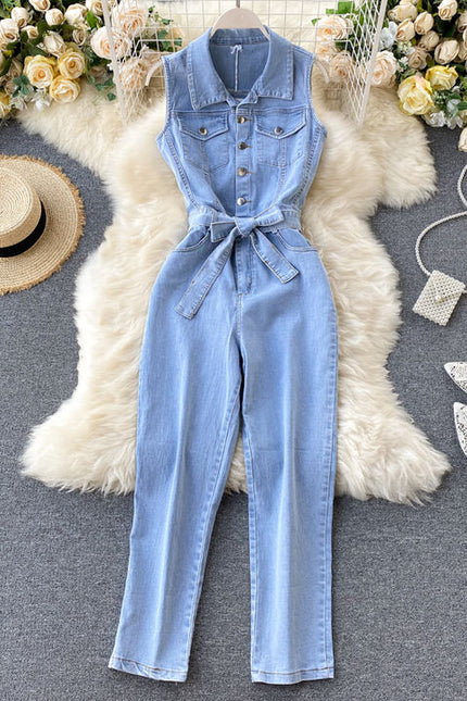 Retro Buckle Ties Waist Straight Wide Leg Pants Denim Jumpsuit