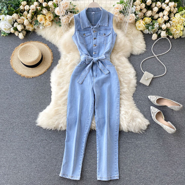 Retro Buckle Ties Waist Straight Wide Leg Pants Denim Jumpsuit