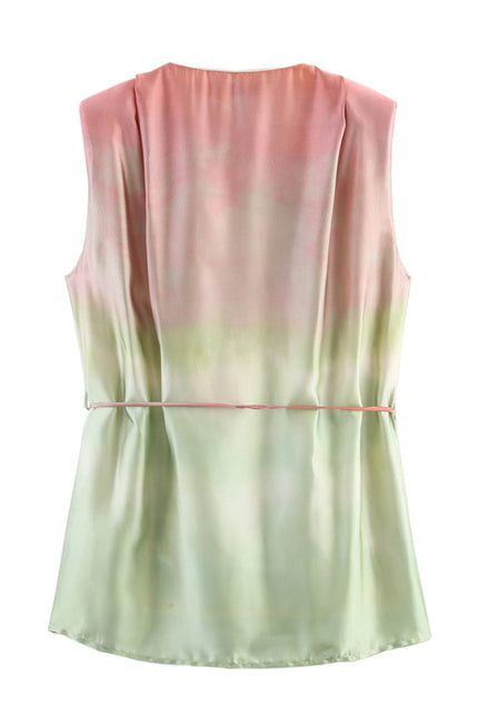 V Neck Green pink Color Sashes Hot Sale Casual Fashion Silky Tops Blouse for Women