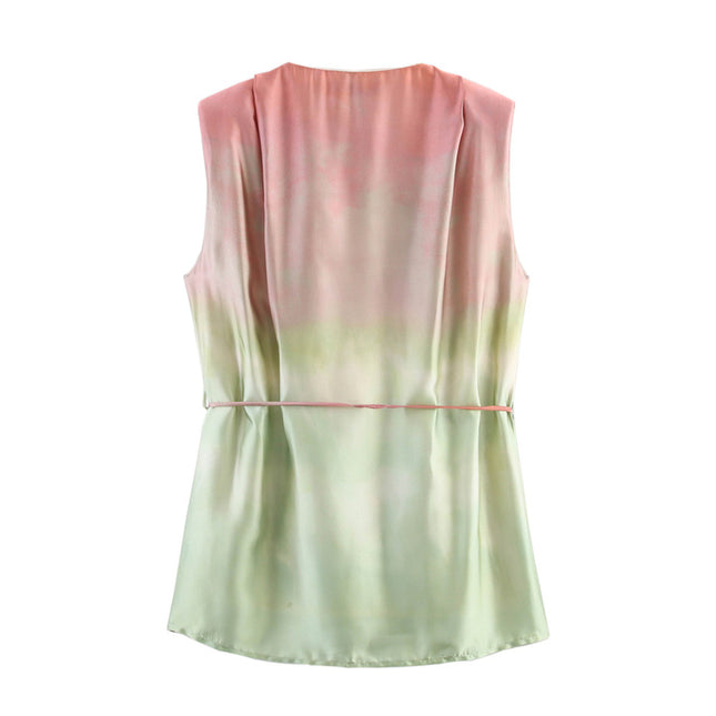 V Neck Green pink Color Sashes Hot Sale Casual Fashion Silky Tops Blouse for Women