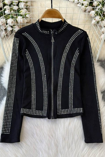 Spring and Autumn New Hot Diamond Cardigan Zipper Top+Hot Diamond A-line Skirt Internet Red Two Piece Set for Women