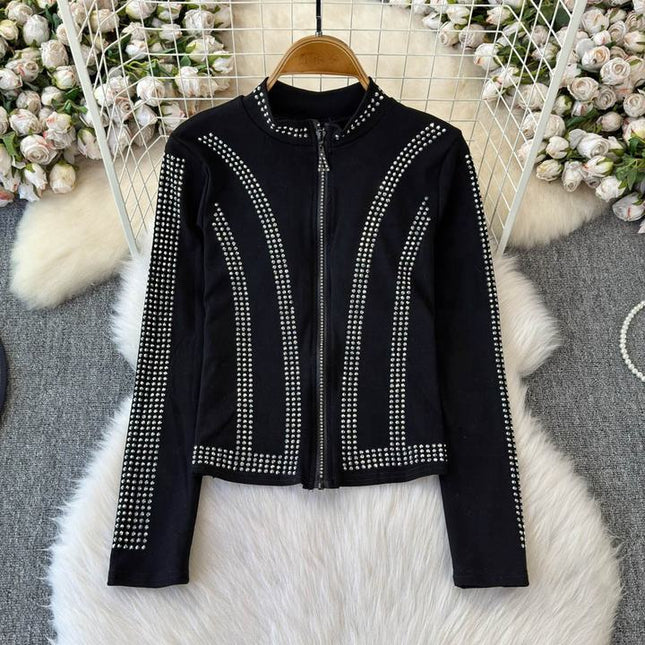 Spring and Autumn New Hot Diamond Cardigan Zipper Top+Hot Diamond A-line Skirt Internet Red Two Piece Set for Women