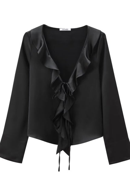 V Neck Black Color Long Sleeve Front Ruffle Casual Fashion Modest Blouse for Women