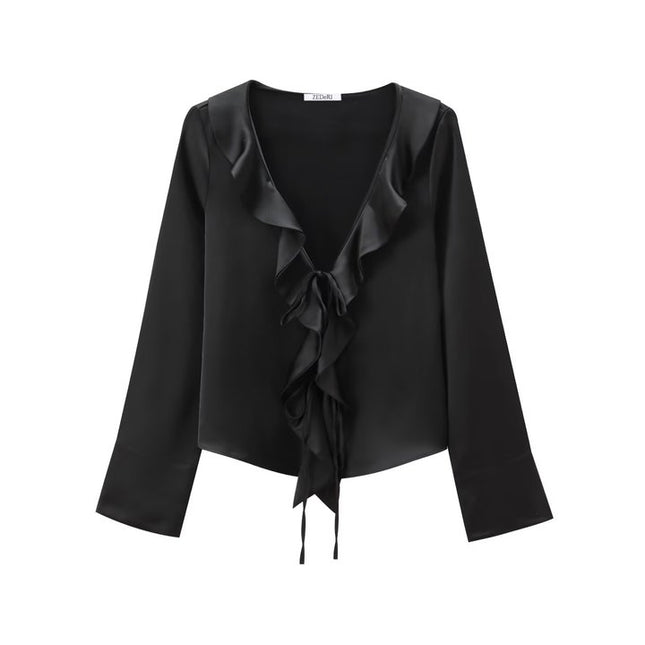 V Neck Black Color Long Sleeve Front Ruffle Casual Fashion Modest Blouse for Women