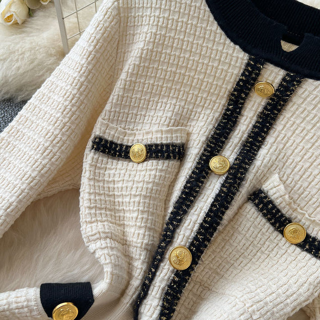 Autumn Winter Knitted Dress Waist Temperament Contrast Color Patchwork Sweater Dress