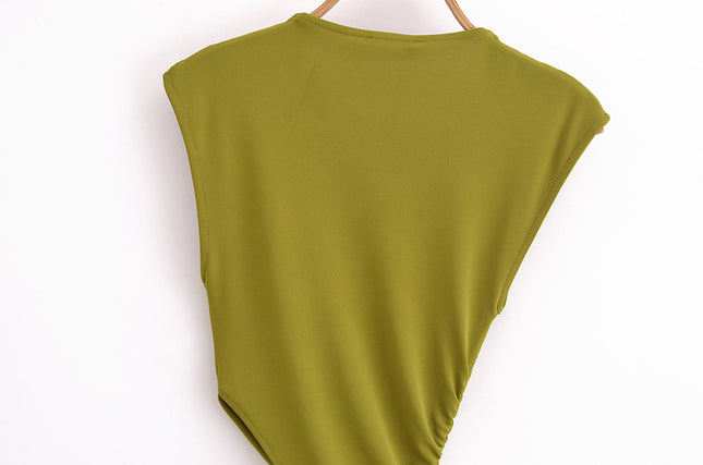 Waist Hollow Out Sleeveless Crew Neck Green Color Pleated Casual Fashion Summer Maxi Dress for Women