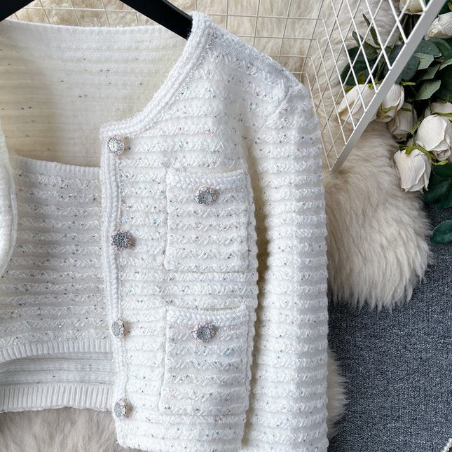 Elegant Casual Short Cardigan Sequin Knitted Set Autumn New Mini Skirt Set Shorts Two Piece Women's Clothing