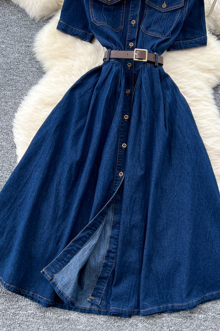 French Vintage Short Sleeve Single Breasted Denim Dresses