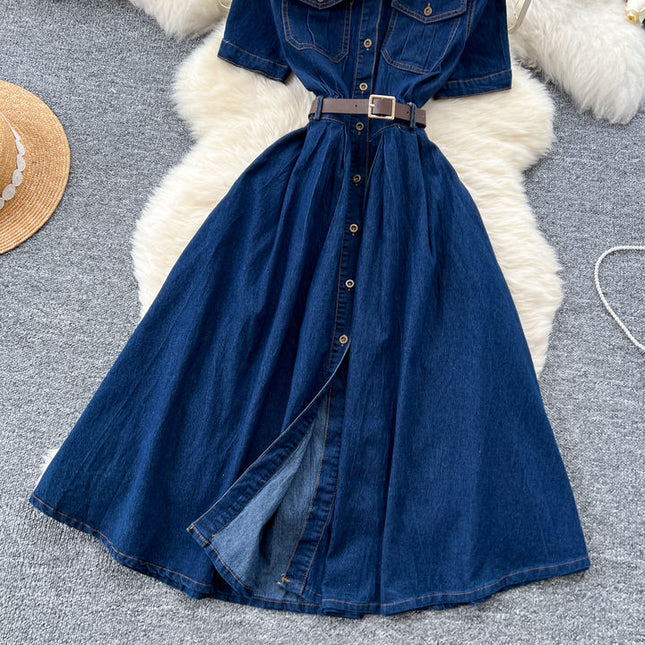 French Vintage Short Sleeve Single Breasted Denim Dresses