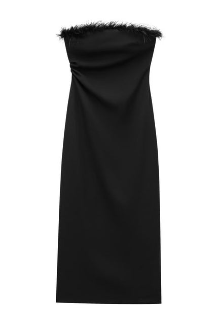 Strapless Black Color Feather Pleated Hot Sale Casual Fashion Midi Dress for Women