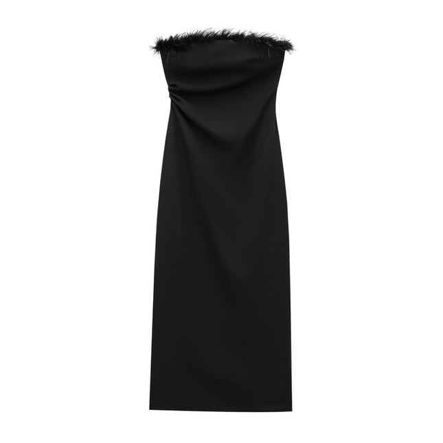Strapless Black Color Feather Pleated Hot Sale Casual Fashion Midi Dress for Women