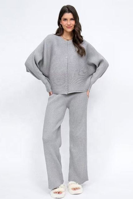 Autumn and Winter Loose Bat Sleeve Knitted Single Breasted Sweater High Waist Wide Leg Pants Knitted Set for Women