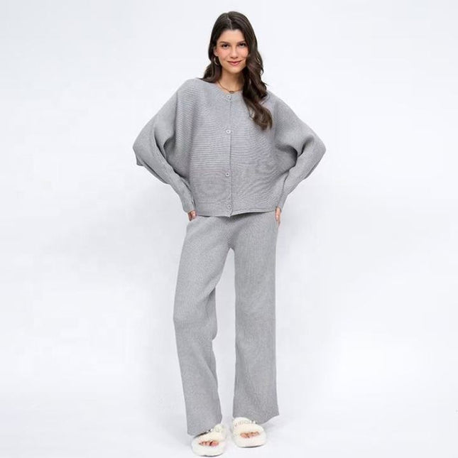 Autumn and Winter Loose Bat Sleeve Knitted Single Breasted Sweater High Waist Wide Leg Pants Knitted Set for Women
