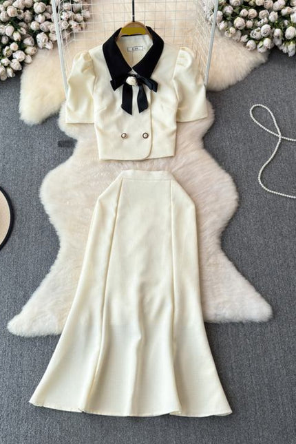 2024 New French Style Lapel Top and High Waisted Fishtail Skirt Two-piece Set Retro Light Luxury Hepburn Style Suit for Women