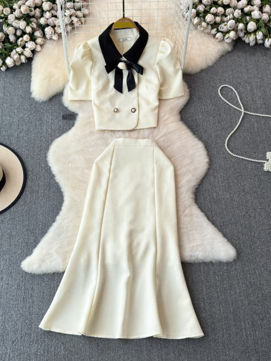 2024 New French Style Lapel Top and High Waisted Fishtail Skirt Two-piece Set Retro Light Luxury Hepburn Style Suit for Women