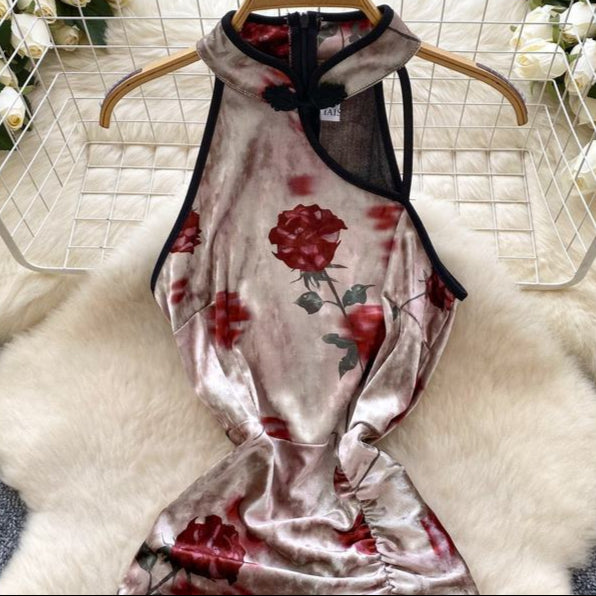 Vintage New Design Hollow-out Sleeveless Printed Velvet Waist Slit Dress
