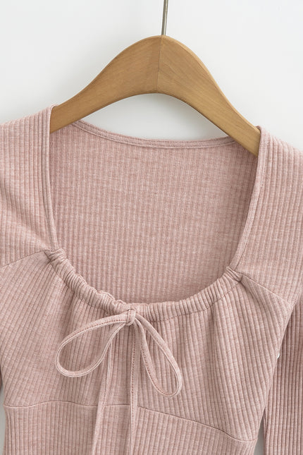 5 Colorway Front Lace up Long Sleeve Solid Color Knitted Casual Fashion Women t Shirt