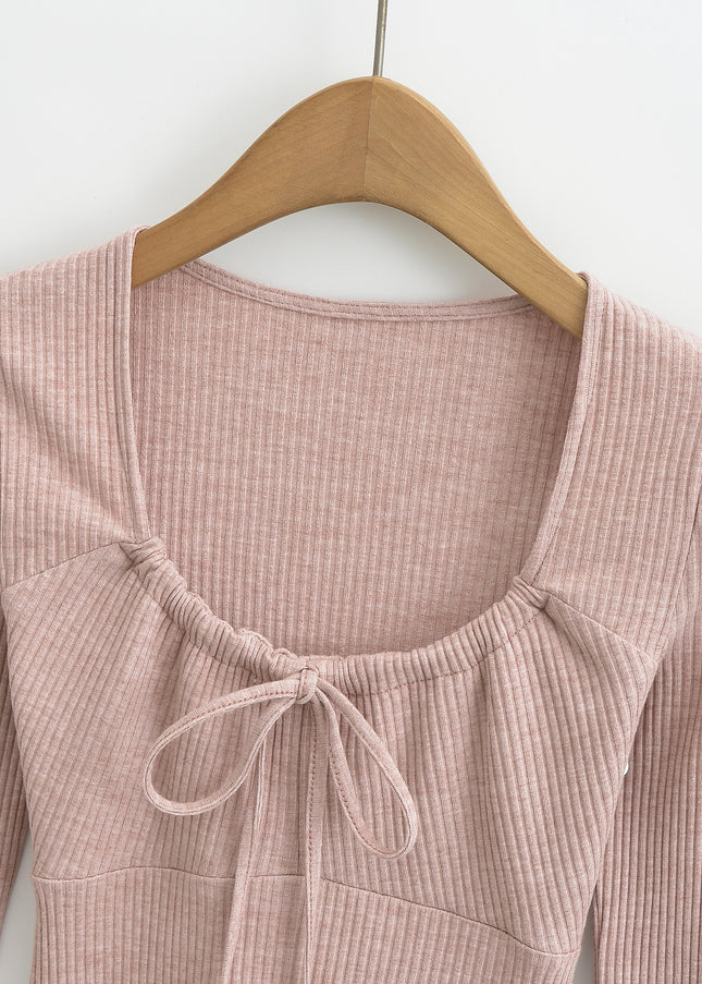 5 Colorway Front Lace up Long Sleeve Solid Color Knitted Casual Fashion Women t Shirt