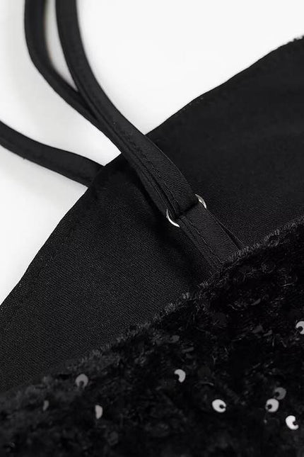 Spaghetti Strap Front Bow Tie Black Color Sequin Casual Fashion Summer Mini Dress for Women