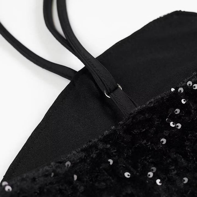 Spaghetti Strap Front Bow Tie Black Color Sequin Casual Fashion Summer Mini Dress for Women