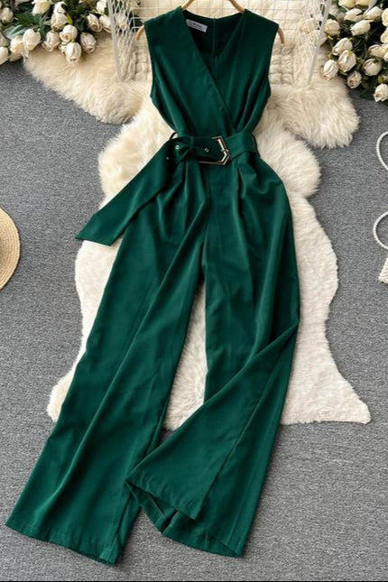 V-neck Solid Casual Long Jumpsuits Autumn Jump Suits Ladies Elegant Overalls One Piece Wholesale
