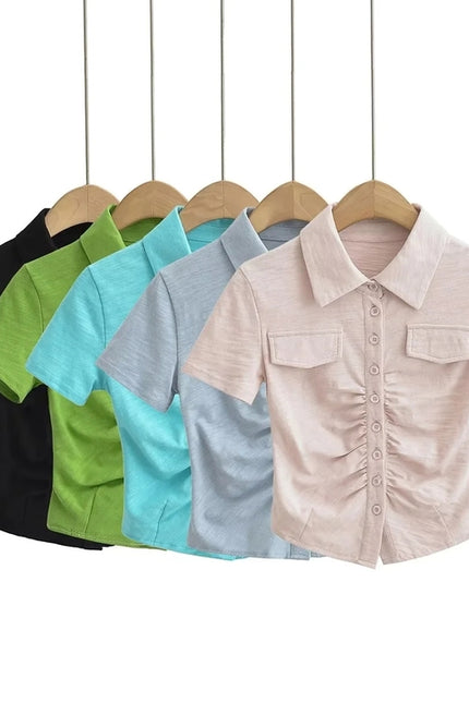 5 Colorway Solid Color Short Sleeve Turn Down Collar Buttons up Casual Shirt for Women
