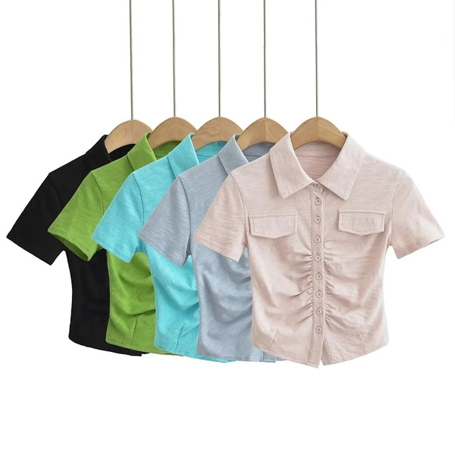 5 Colorway Solid Color Short Sleeve Turn Down Collar Buttons up Casual Shirt for Women
