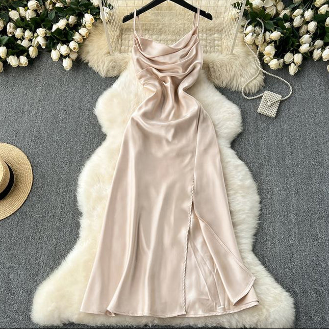 Summer Women Halter Sleeveless Split Sexy Elegant Satin Long Gowns Dresses