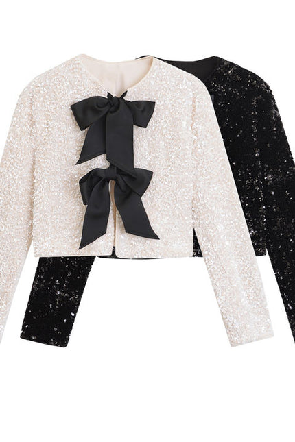 2 Colorway Solid Color Front Bow Tie Crew Neck Long Sleeve Sequin Casual Fashion Women's Jacket