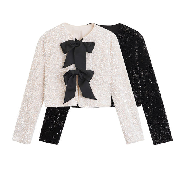 2 Colorway Solid Color Front Bow Tie Crew Neck Long Sleeve Sequin Casual Fashion Women's Jacket