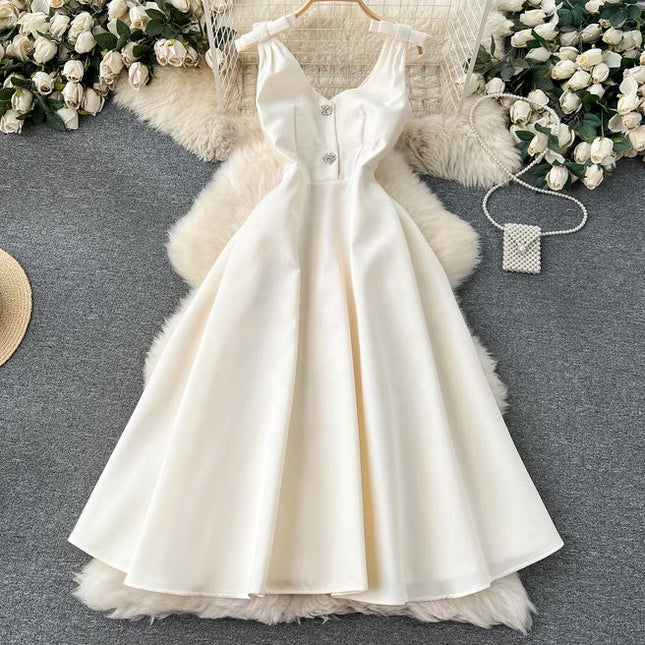 New Arrival Hepburn Fashion Trendy Bow Diamond V-neck Vestidos Women Elegant Summer Casual Dresses