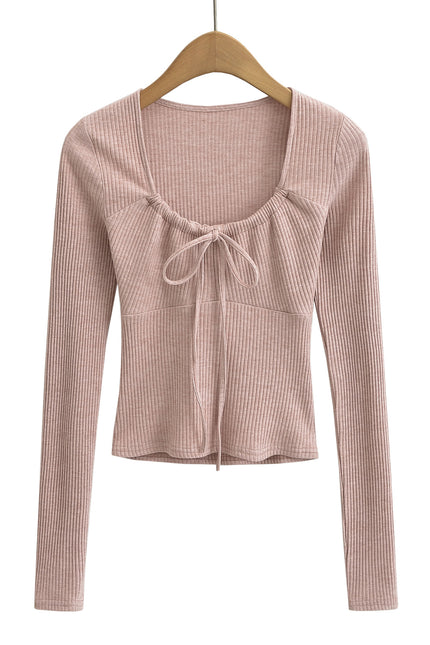 5 Colorway Front Lace up Long Sleeve Solid Color Knitted Casual Fashion Women t Shirt
