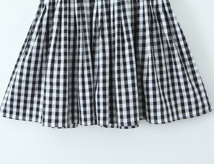 Crew Neck Short Sleeve Black White Color Plaid Print Hot Sale Casual Fashion Mini Dress for Women