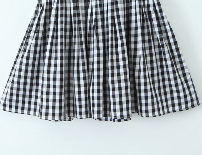 Crew Neck Short Sleeve Black White Color Plaid Print Hot Sale Casual Fashion Mini Dress for Women