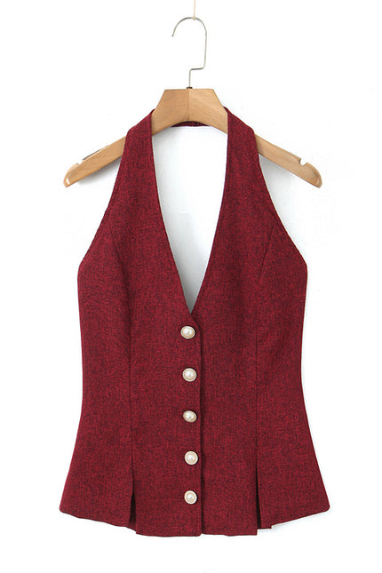 Back Hollow Out Red Color Buttons up Sleeveless Casual Fashion Women's Halter Tank Top