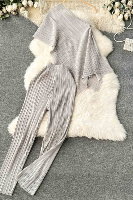 Summer New Irregular Loose Shirt Pleated High Waist Wide Leg Long Pants Women's Set
