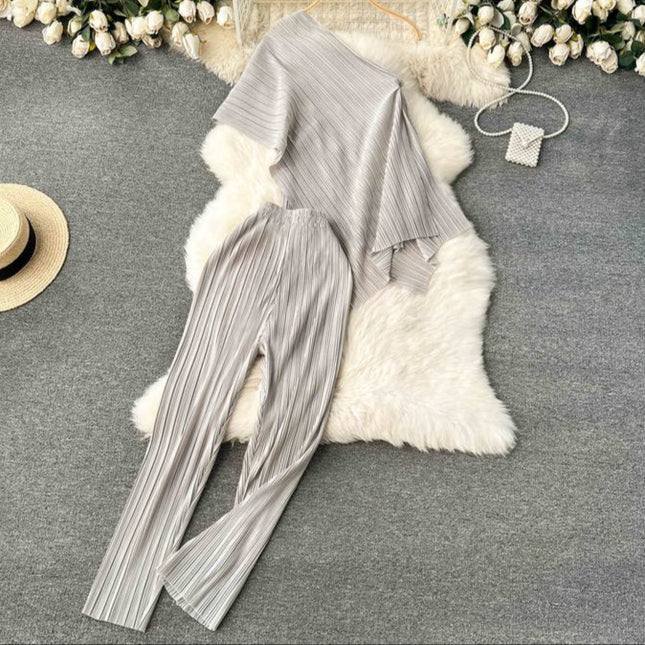 Summer New Irregular Loose Shirt Pleated High Waist Wide Leg Long Pants Women's Set