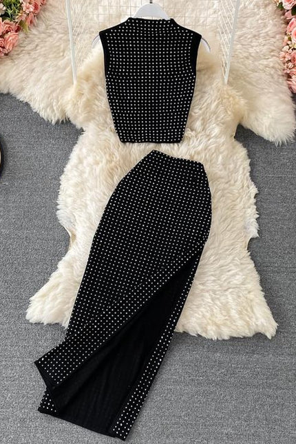 Summer Crop Top Vest Sexy Slit Diamond 2 Piece Two Piece Skirt Sets Women Outfits