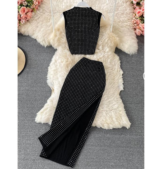 Summer Crop Top Vest Sexy Slit Diamond 2 Piece Two Piece Skirt Sets Women Outfits